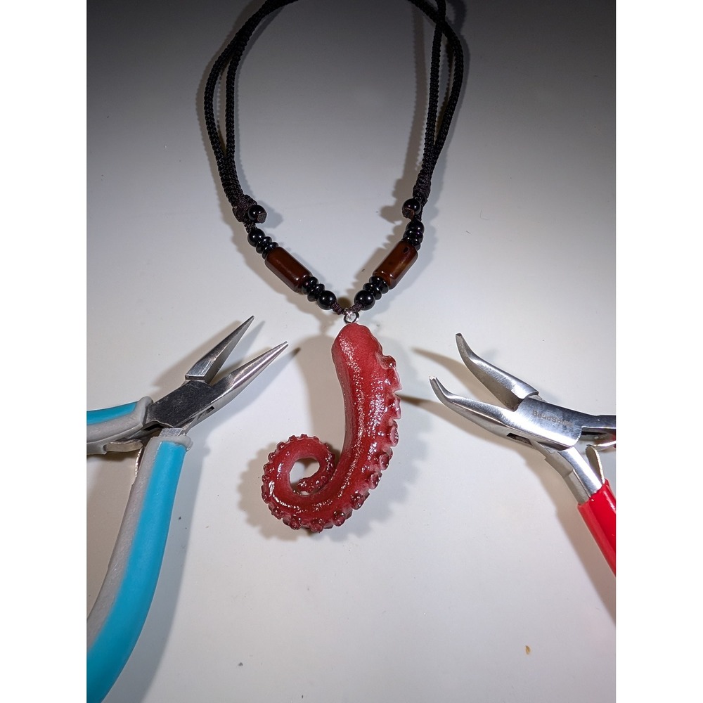 Red Octopus Tentacle Pendant Necklace Adjustable Black Cord Nautical Gothic Art